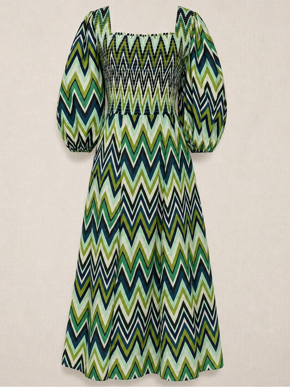Olivia James The Label Smocked Chevron Midi Dress Green Blue Puff Sleeve XL NWT